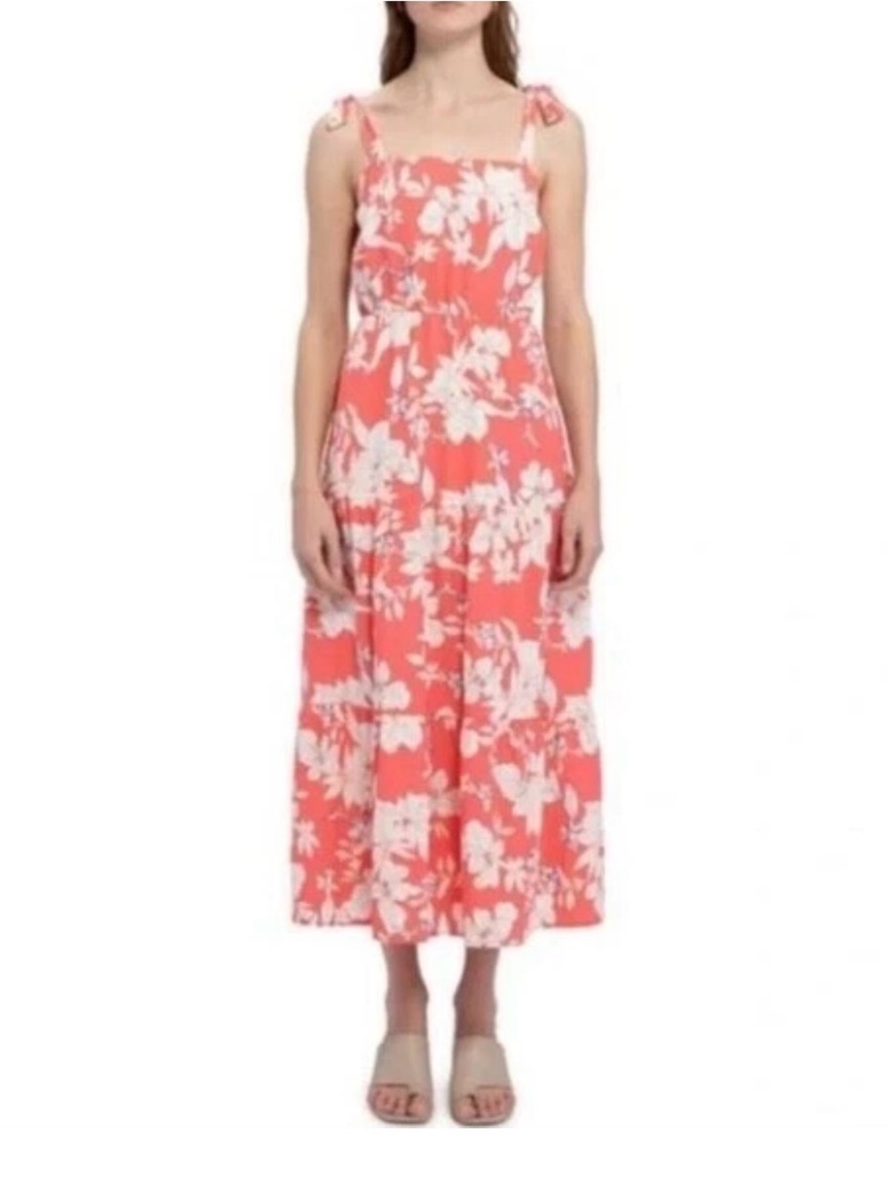 Tie-Shoulder Coral Floral Maxi Dress
